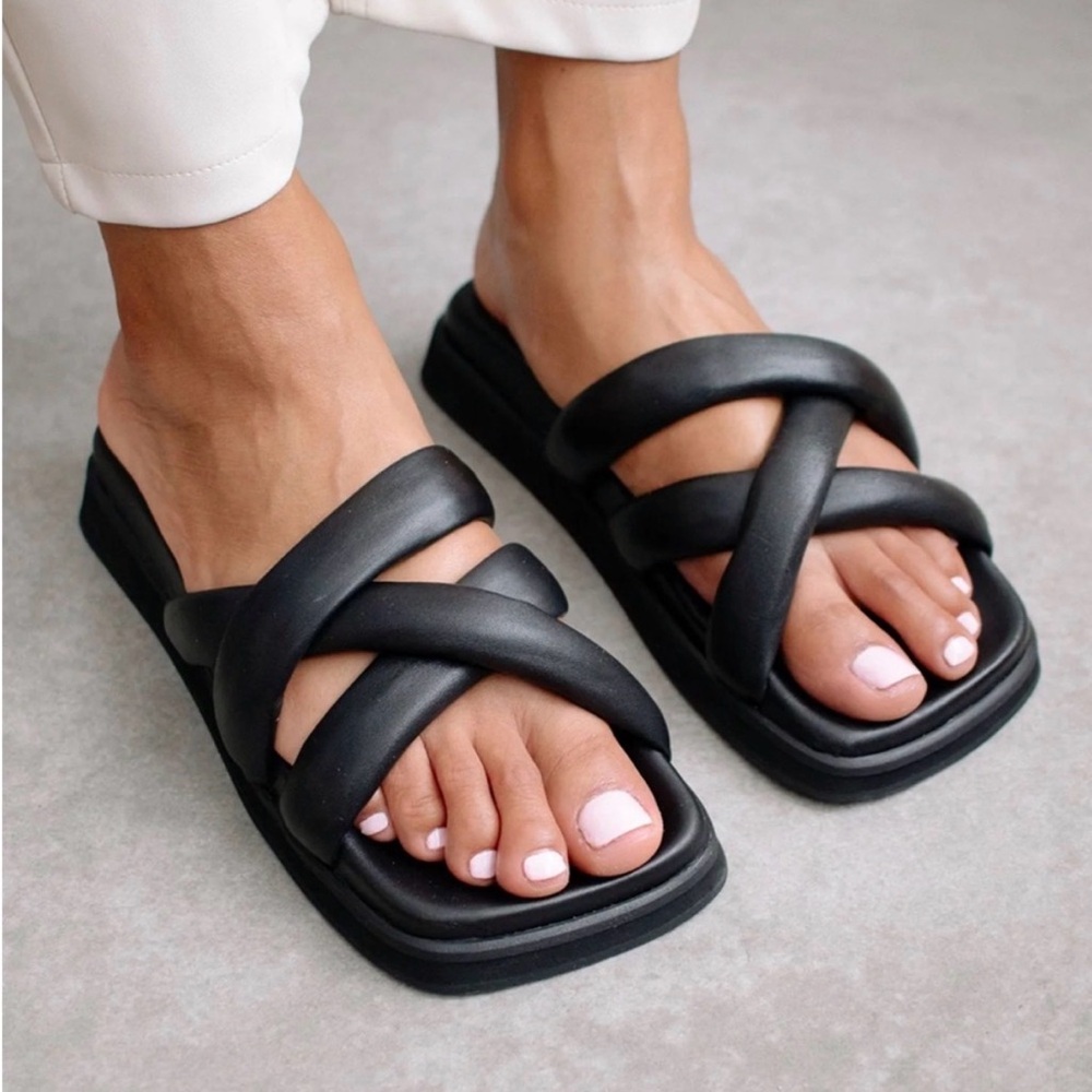 Alohas Slip on Cross Sandal Black Leather Cross-Strap Slide Sandals 39